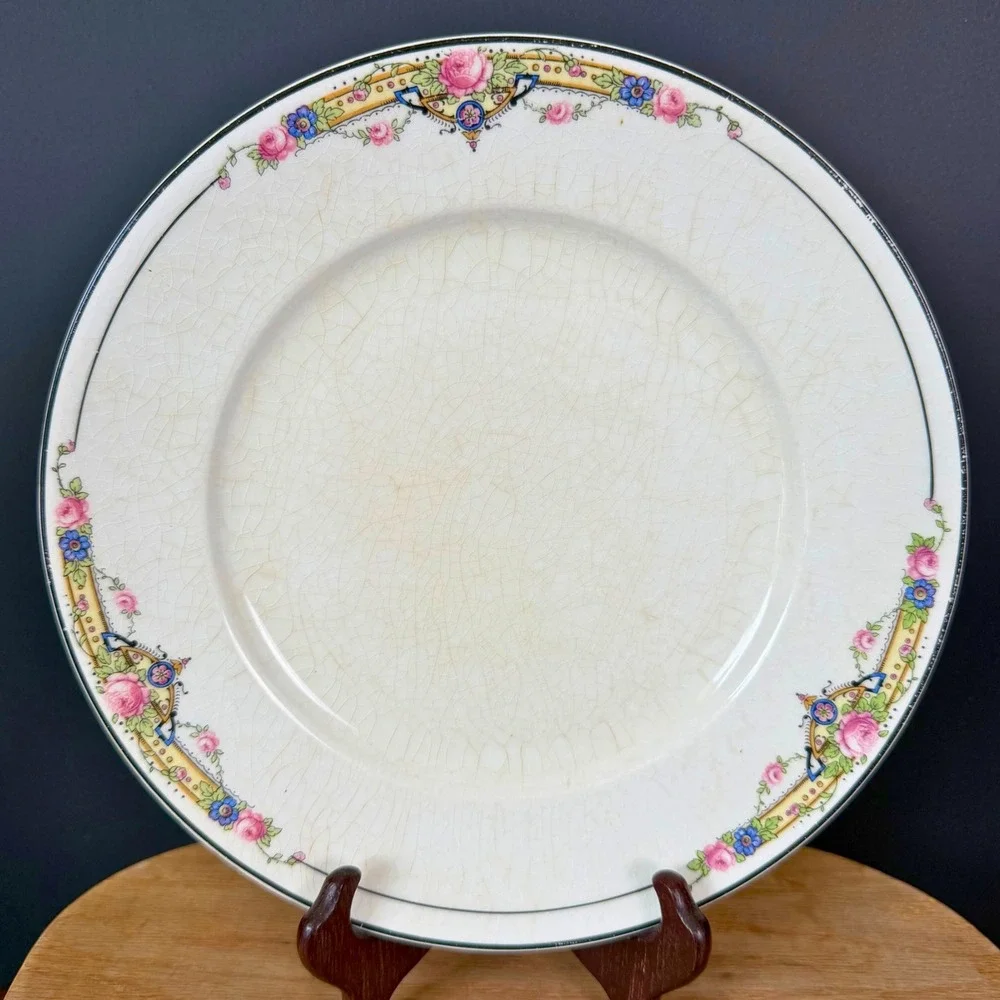 Vintage Crooksville China Co‎ Floral Dinner Plate Pink Rose Farmhouse Cream 10in